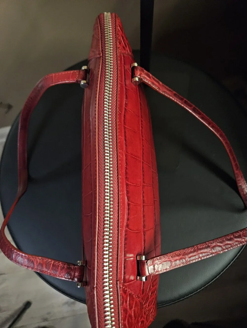 Vintage Monsac Croc-Embossed Italian Leather Baguette Handbag- Cherry Red - Picture 12 of 12